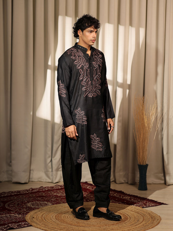Black Viscose Silk Men's Ceremonial Kurta Set with Designer Embroidery Work