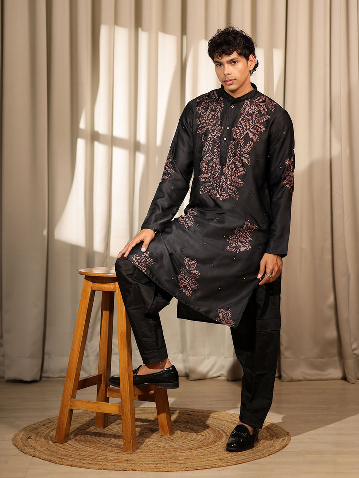 Black Viscose Silk Men's Ceremonial Kurta Set with Designer Embroidery Work