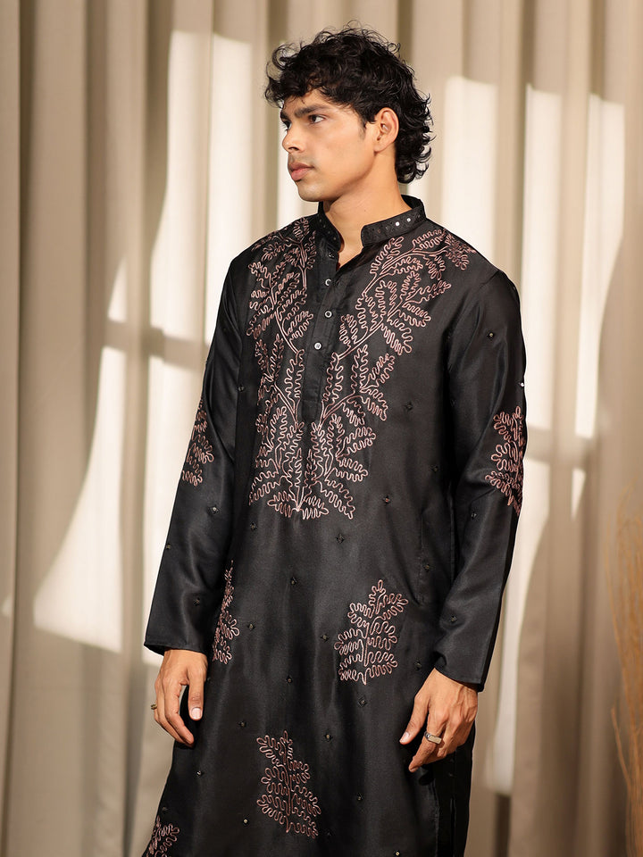 Black Viscose Silk Men's Ceremonial Kurta Set with Designer Embroidery Work