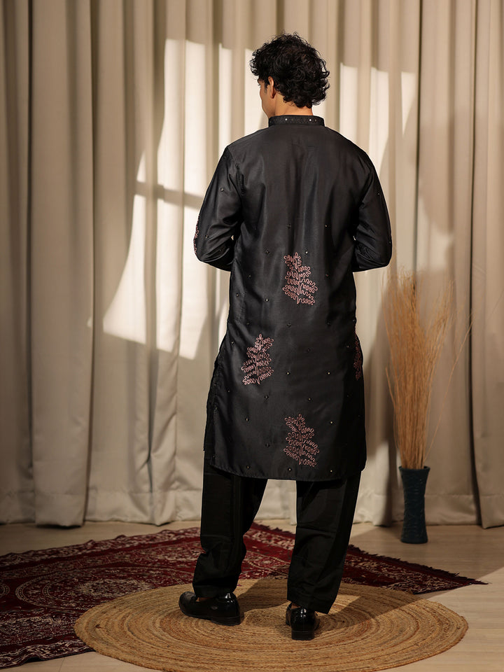 Black Viscose Silk Men's Ceremonial Kurta Set with Designer Embroidery Work