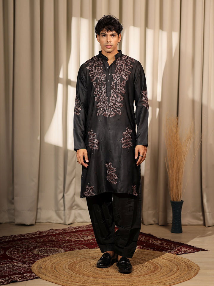 Black Viscose Silk Men's Ceremonial Kurta Set with Designer Embroidery Work