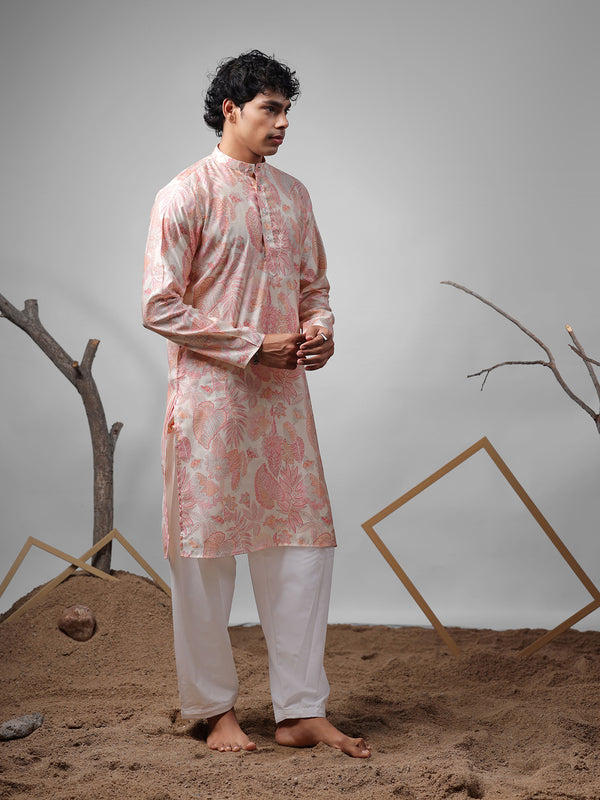 Premium Pink Modal Kurta Set for Men with Silk Cream Bottom – Designer Printed Ceremonial Outfit