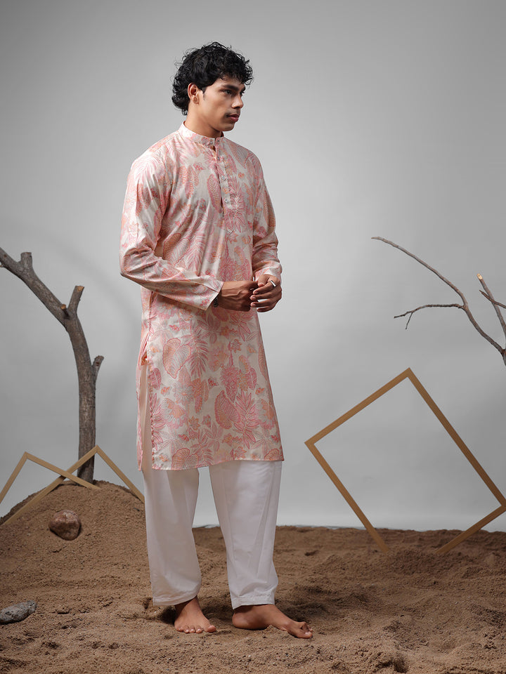 Premium Pink Modal Kurta Set for Men with Silk Cream Bottom – Designer Printed Ceremonial Outfit