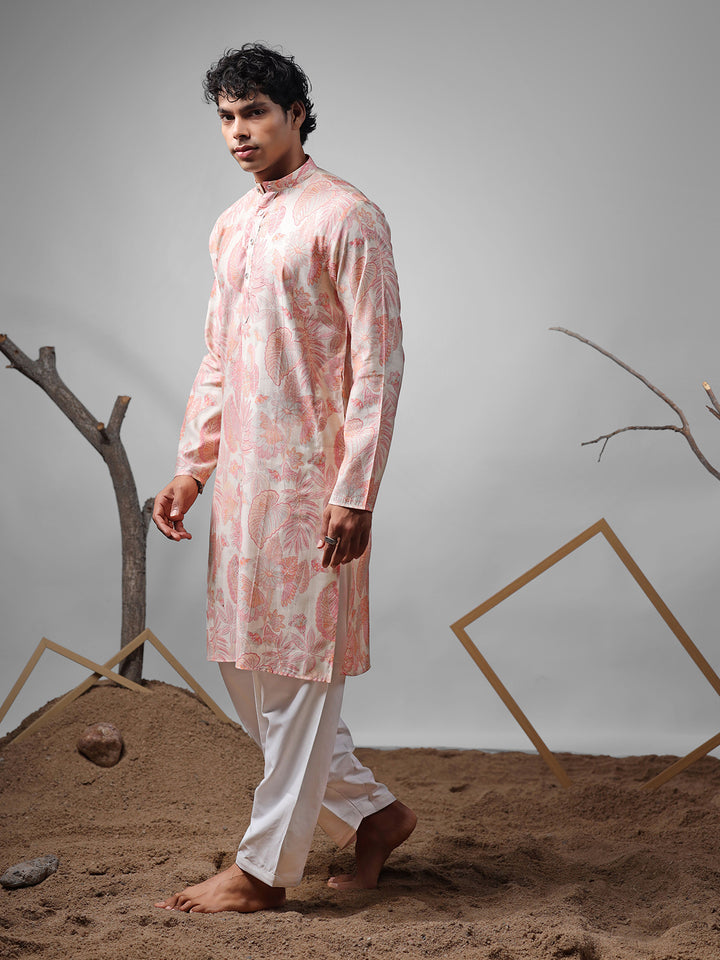 Premium Pink Modal Kurta Set for Men with Silk Cream Bottom – Designer Printed Ceremonial Outfit