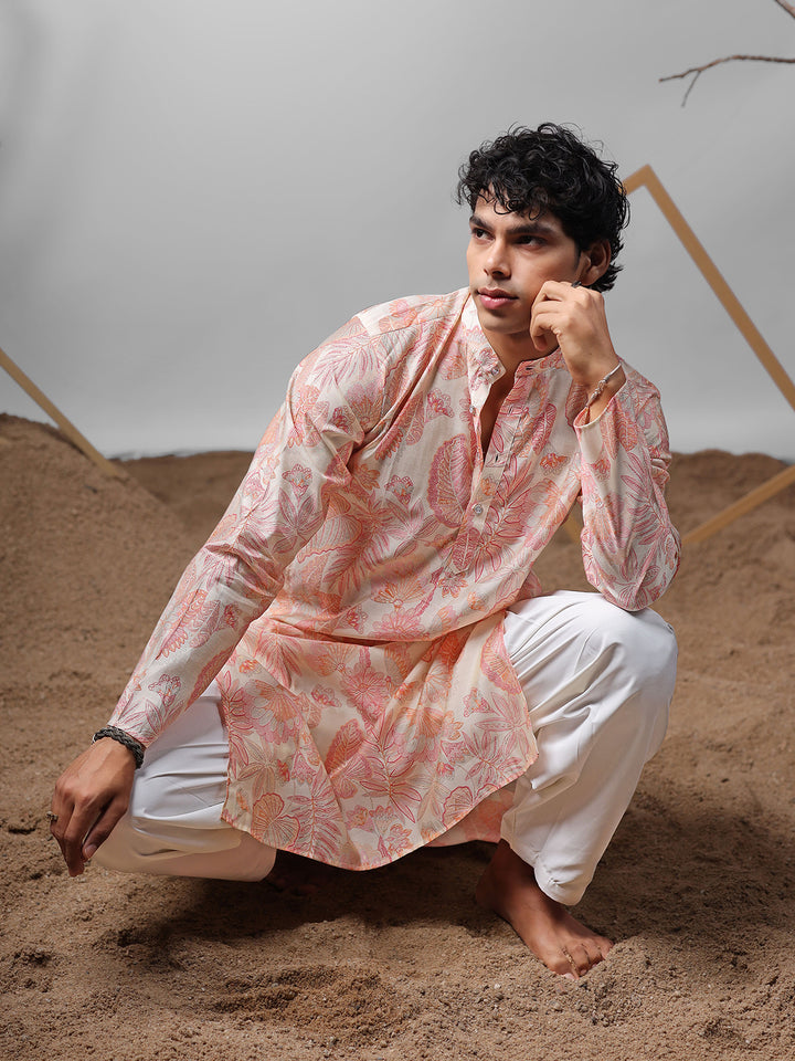 Premium Pink Modal Kurta Set for Men with Silk Cream Bottom – Designer Printed Ceremonial Outfit