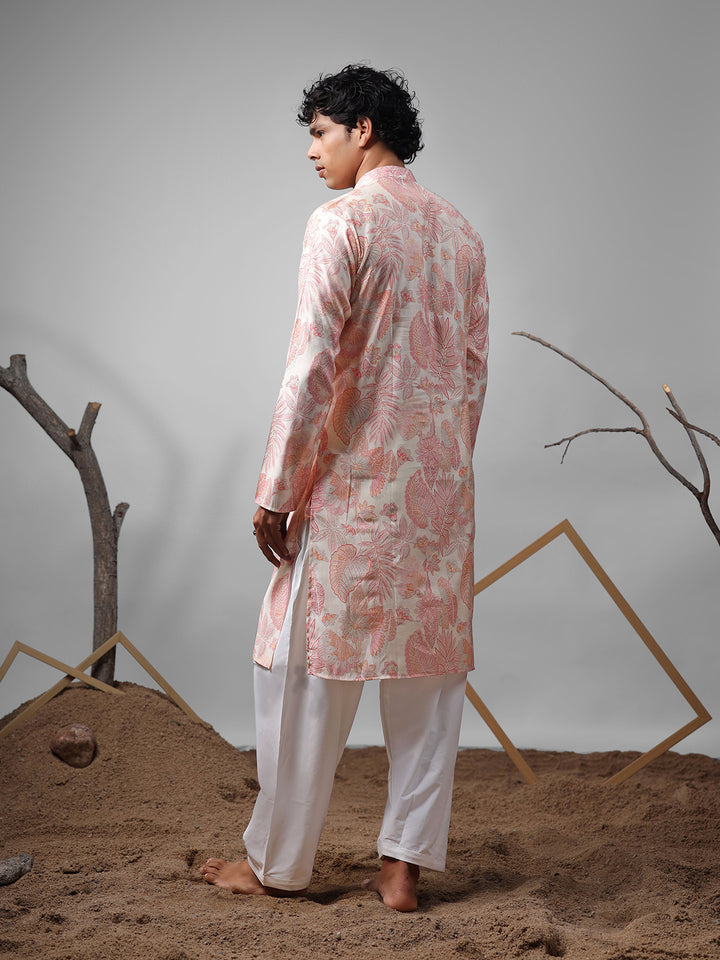 Premium Pink Modal Kurta Set for Men with Silk Cream Bottom – Designer Printed Ceremonial Outfit