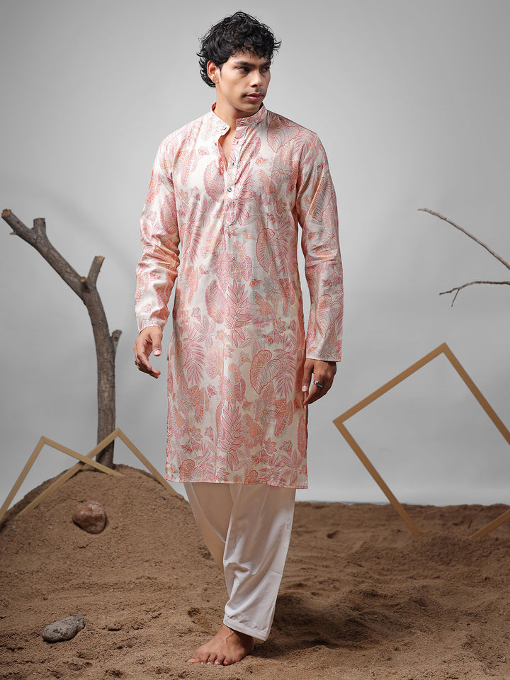 Premium Pink Modal Kurta Set for Men with Silk Cream Bottom – Designer Printed Ceremonial Outfit