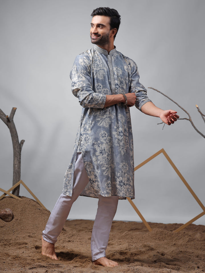 Blue Modal Designer Printed Men's Ceremonial Kurta Set with Silk Cream Bottom