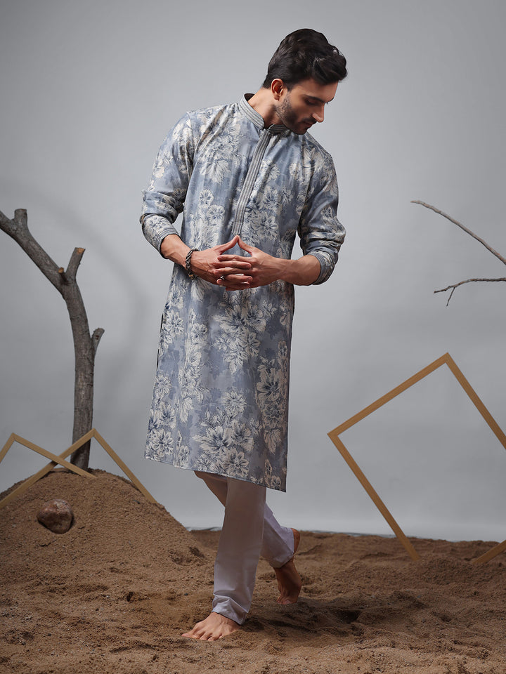 Blue Modal Designer Printed Men's Ceremonial Kurta Set with Silk Cream Bottom