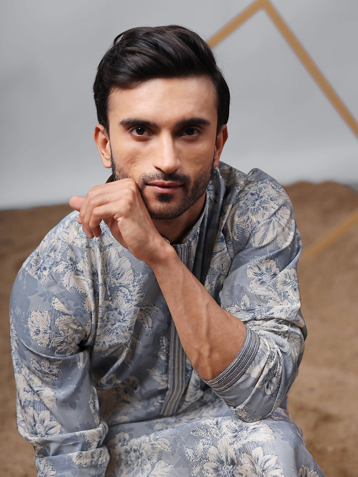Blue Modal Designer Printed Men's Ceremonial Kurta Set with Silk Cream Bottom