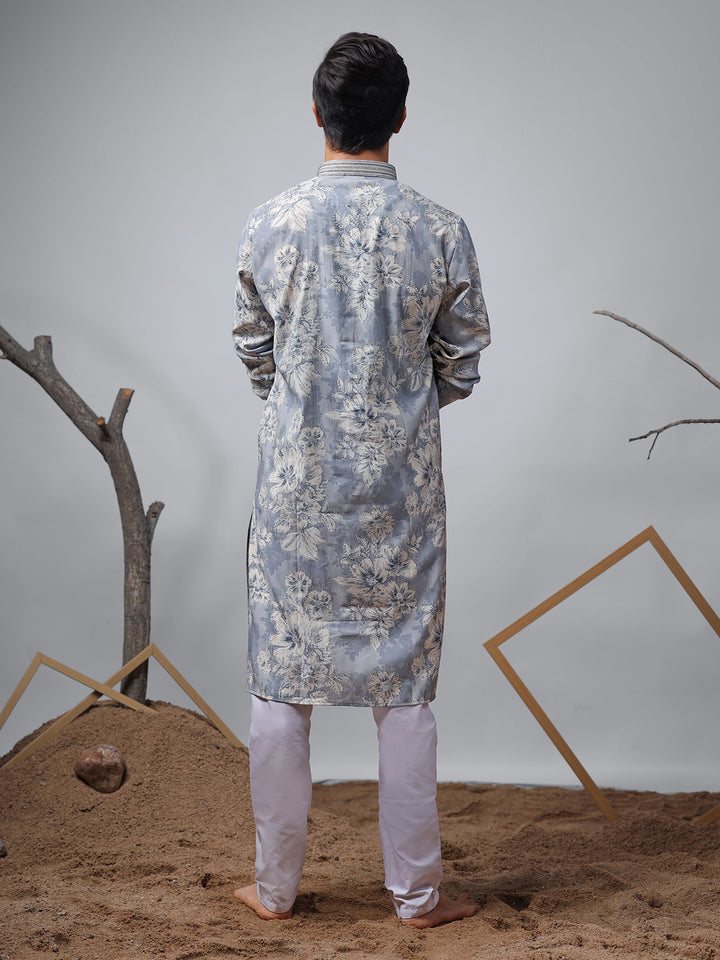 Blue Modal Designer Printed Men's Ceremonial Kurta Set with Silk Cream Bottom