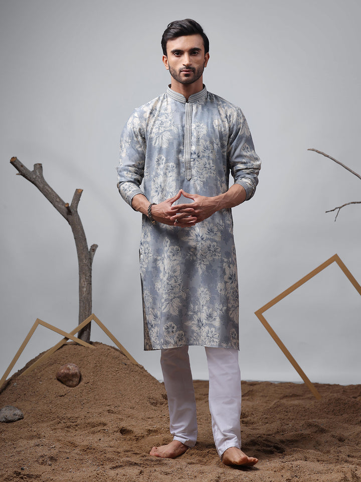 Blue Modal Designer Printed Men's Ceremonial Kurta Set with Silk Cream Bottom