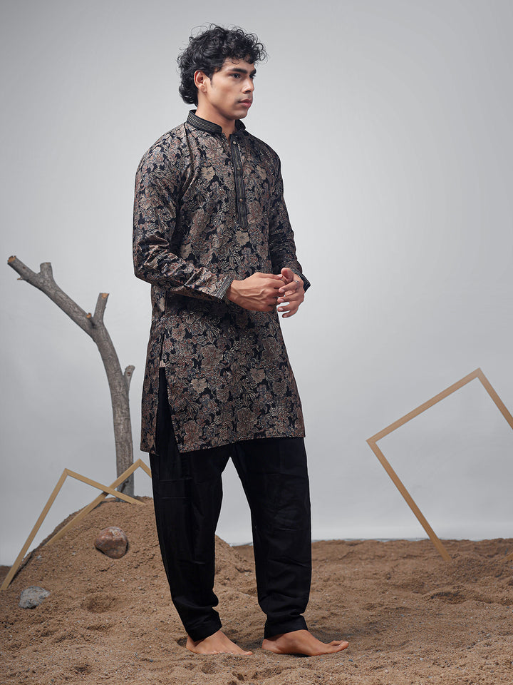 Black Modal Silk Designer Printed Men's Ceremonial Kurta Set – Luxury Ethnic Wear