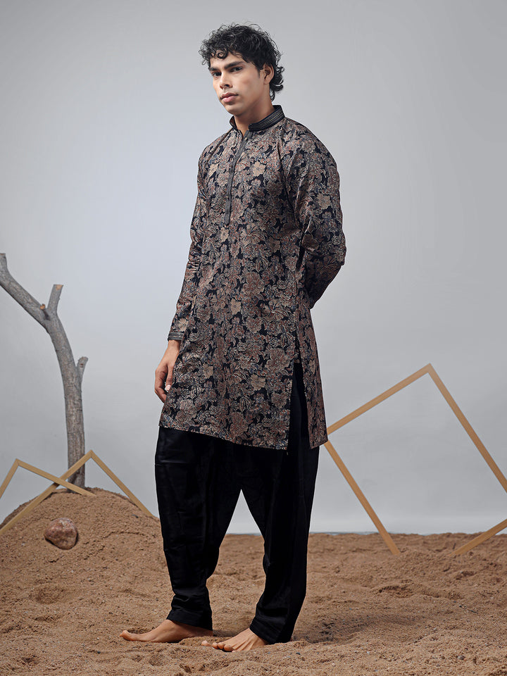 Black Modal Silk Designer Printed Men's Ceremonial Kurta Set – Luxury Ethnic Wear