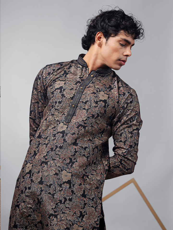 Black Modal Silk Designer Printed Men's Ceremonial Kurta Set – Luxury Ethnic Wear