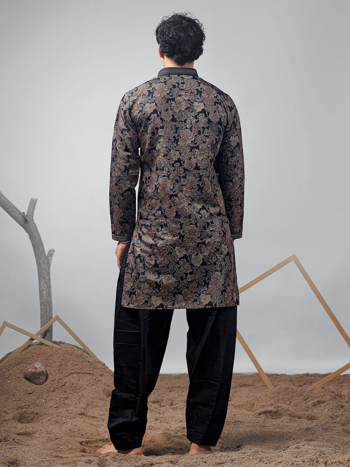 Black Modal Silk Designer Printed Men's Ceremonial Kurta Set – Luxury Ethnic Wear