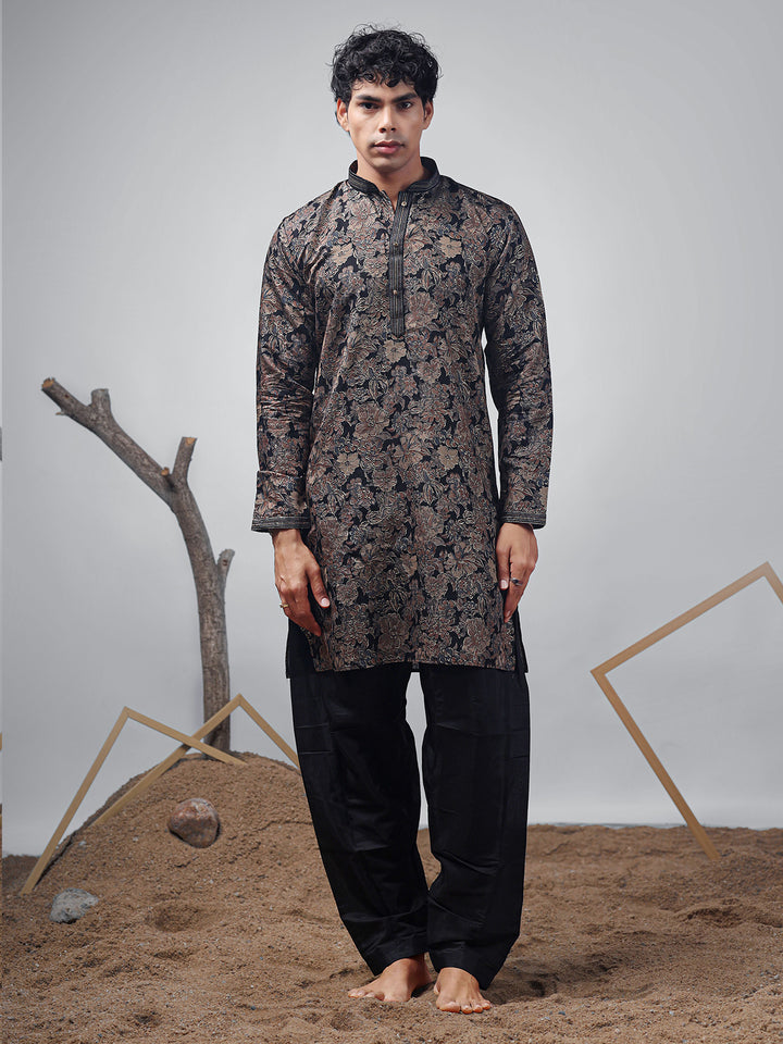Black Modal Silk Designer Printed Men's Ceremonial Kurta Set – Luxury Ethnic Wear