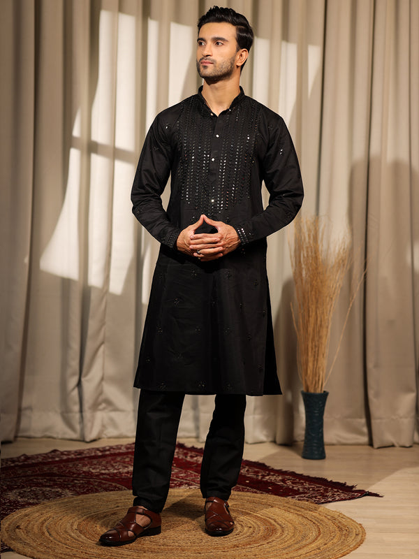 Men's Black Rolex Silk Kurta Set with Embroidery & Weaving Work | Ceremonial Outfit with Cotton Bottom