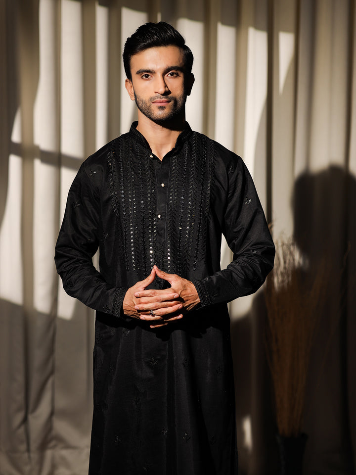 Men's Black Rolex Silk Kurta Set with Embroidery & Weaving Work | Ceremonial Outfit with Cotton Bottom