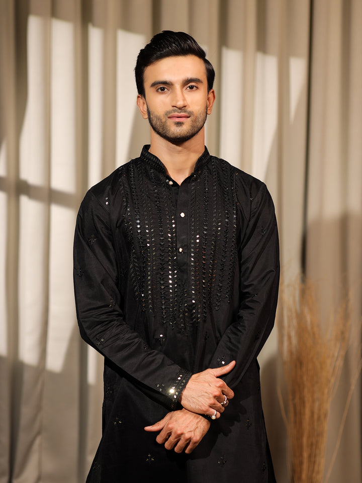 Men's Black Rolex Silk Kurta Set with Embroidery & Weaving Work | Ceremonial Outfit with Cotton Bottom