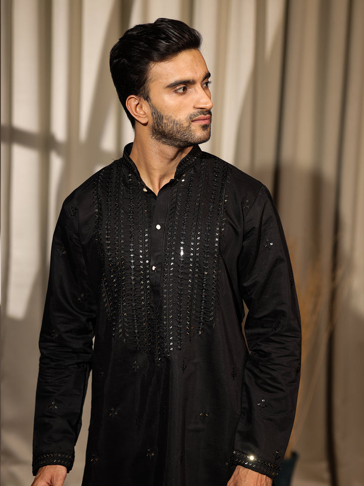 Men's Black Rolex Silk Kurta Set with Embroidery & Weaving Work | Ceremonial Outfit with Cotton Bottom