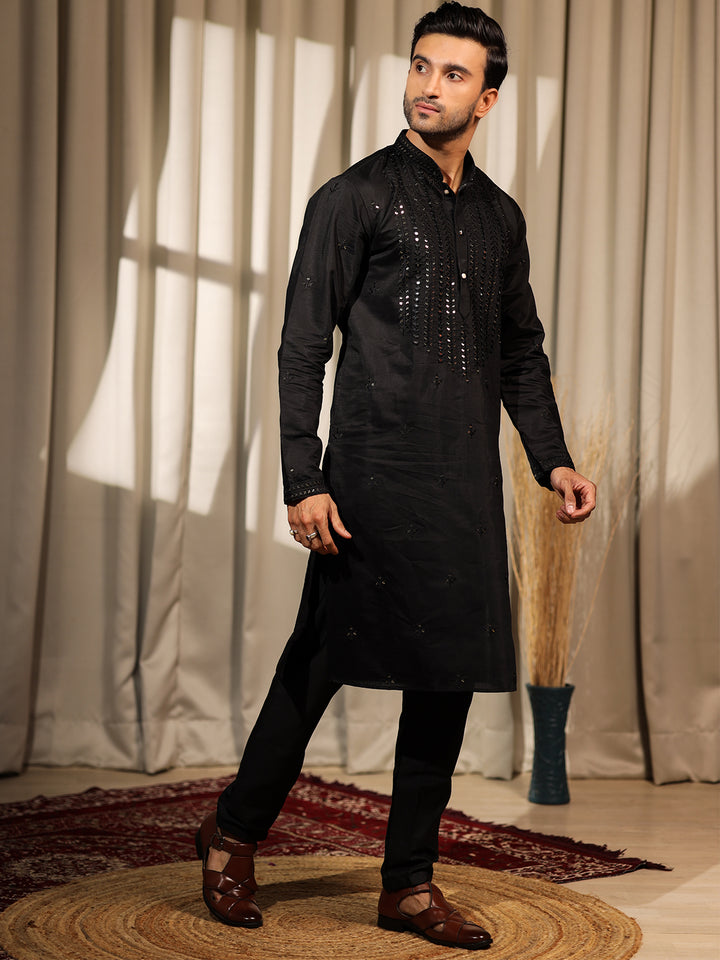 Men's Black Rolex Silk Kurta Set with Embroidery & Weaving Work | Ceremonial Outfit with Cotton Bottom