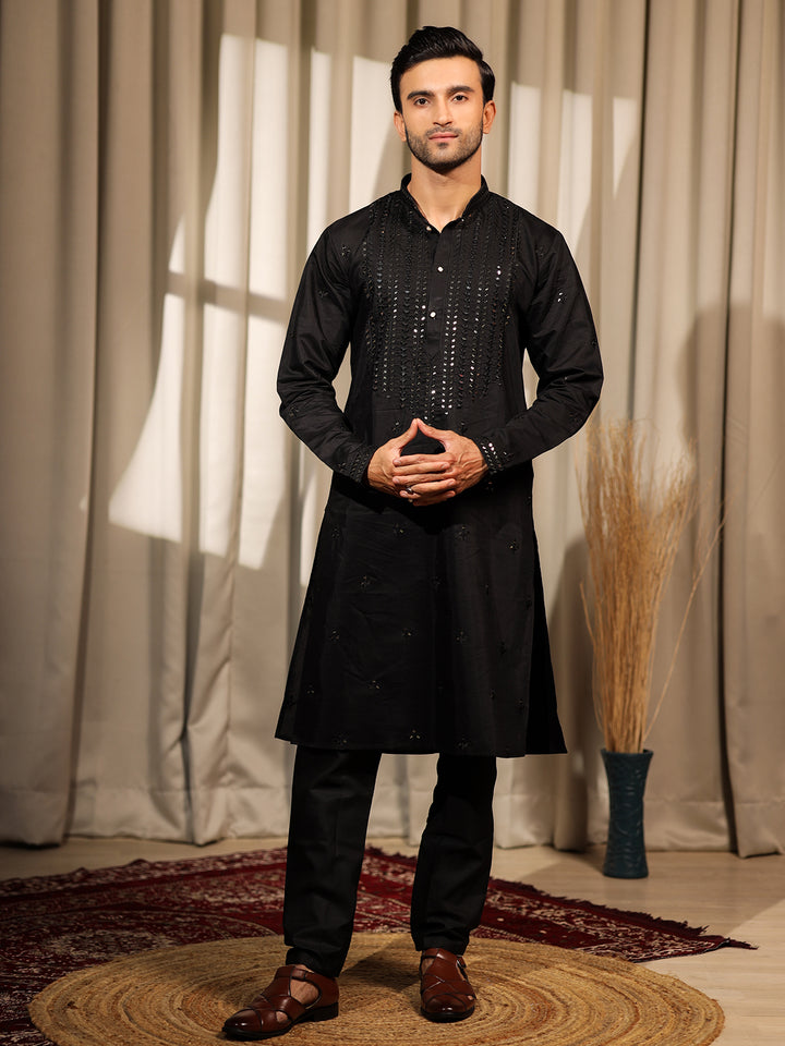 Men's Black Rolex Silk Kurta Set with Embroidery & Weaving Work | Ceremonial Outfit with Cotton Bottom