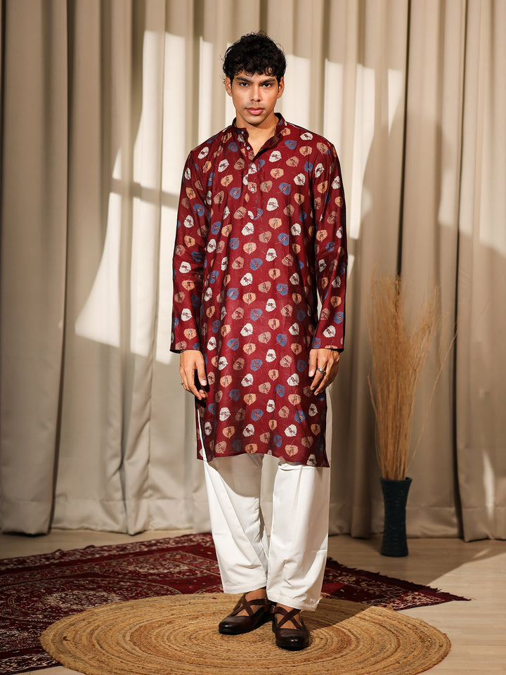 Maroon Model Silk Kurta Set for Men with White Cotton Bottom | Printed & Embroidered Ceremonial Kurta for Weddings & Festive Wear