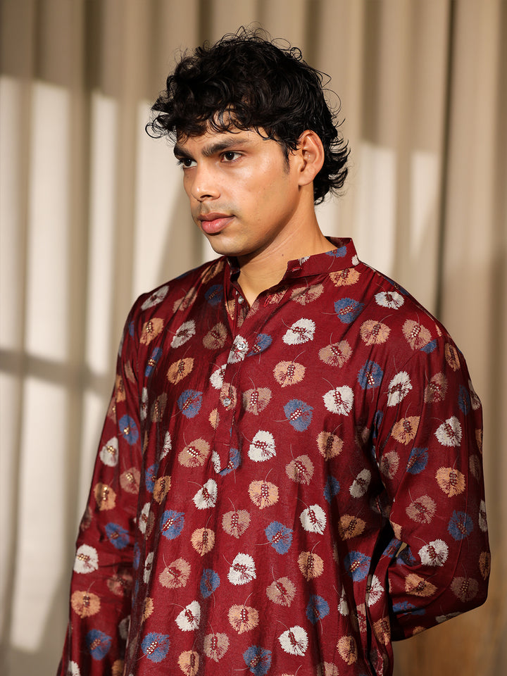 Maroon Model Silk Kurta Set for Men with White Cotton Bottom | Printed & Embroidered Ceremonial Kurta for Weddings & Festive Wear