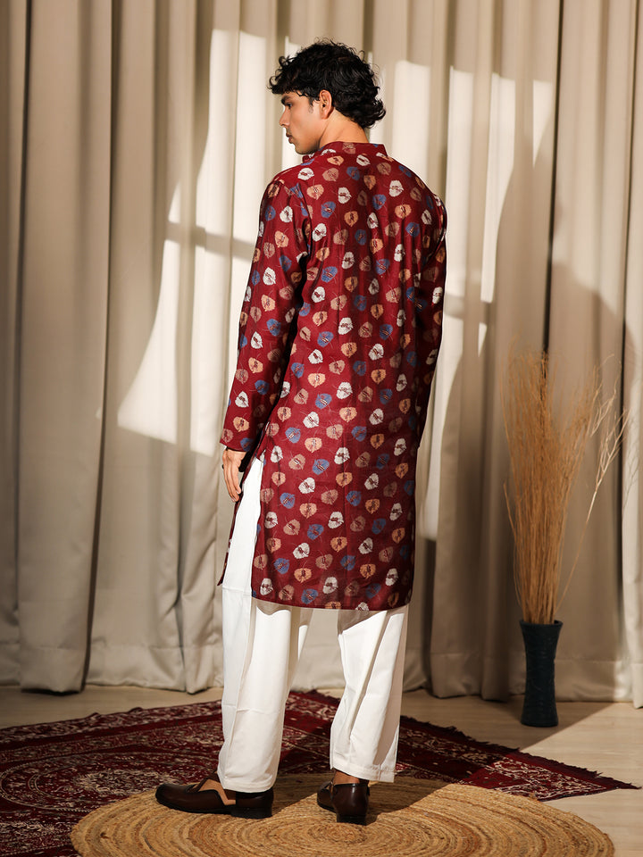 Maroon Model Silk Kurta Set for Men with White Cotton Bottom | Printed & Embroidered Ceremonial Kurta for Weddings & Festive Wear