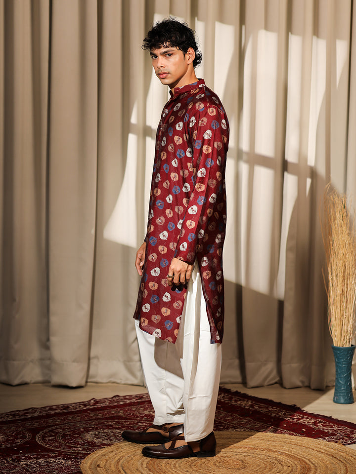 Maroon Model Silk Kurta Set for Men with White Cotton Bottom | Printed & Embroidered Ceremonial Kurta for Weddings & Festive Wear
