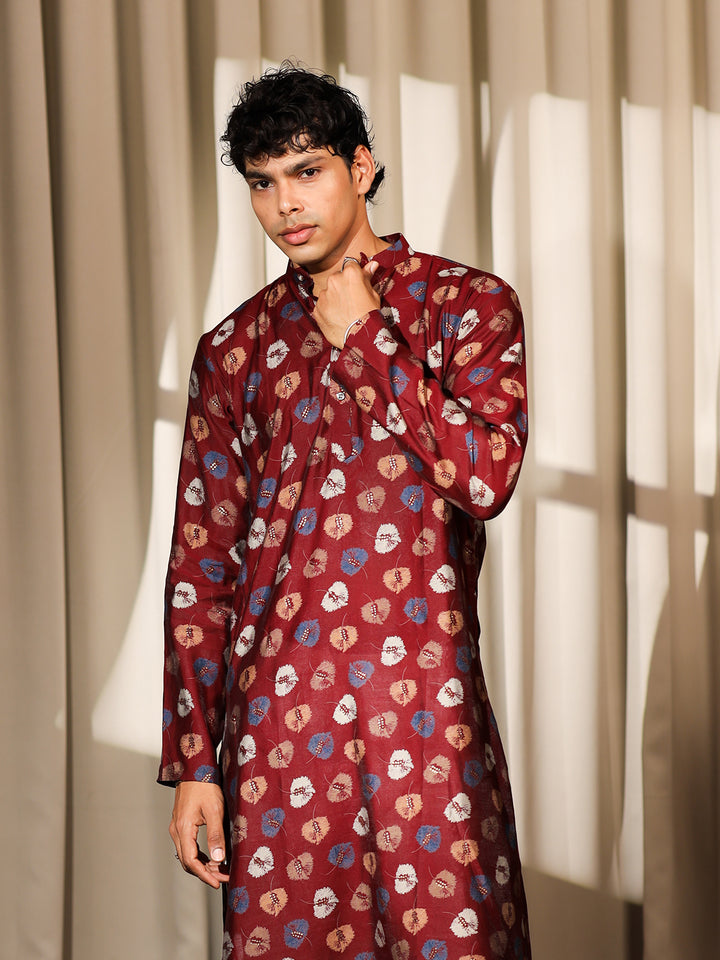 Maroon Model Silk Kurta Set for Men with White Cotton Bottom | Printed & Embroidered Ceremonial Kurta for Weddings & Festive Wear