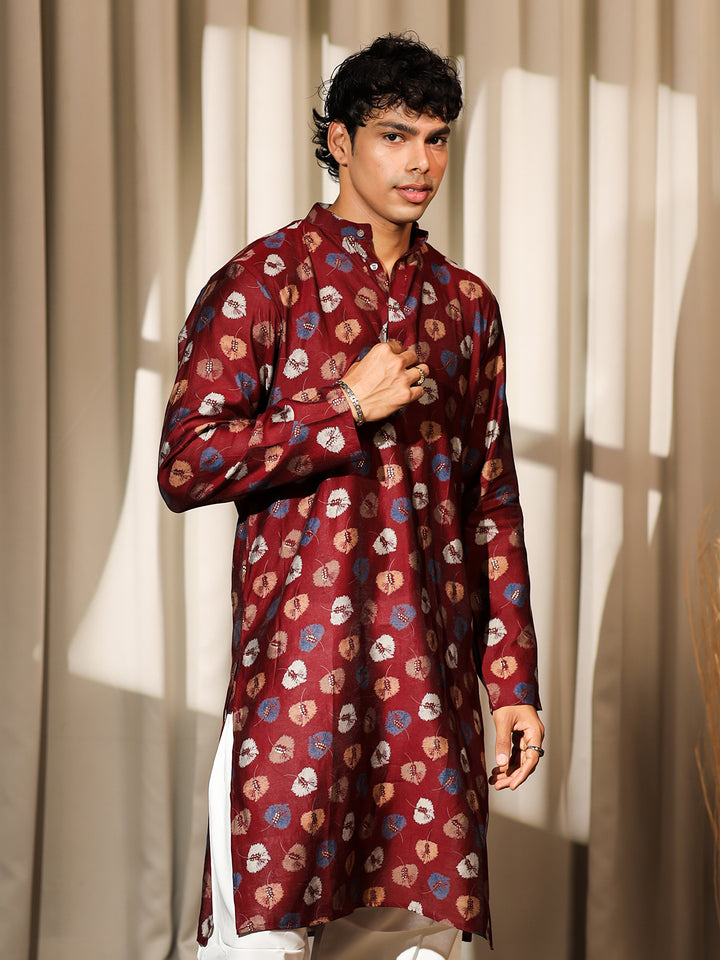 Maroon Model Silk Kurta Set for Men with White Cotton Bottom | Printed & Embroidered Ceremonial Kurta for Weddings & Festive Wear