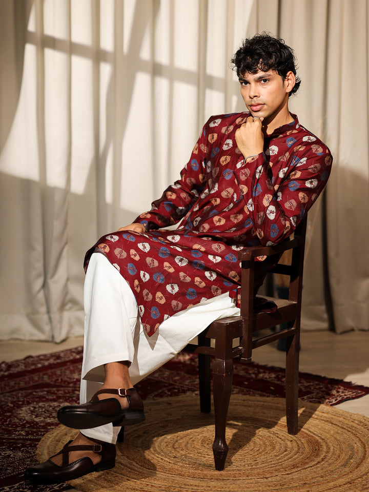 Maroon Model Silk Kurta Set for Men with White Cotton Bottom | Printed & Embroidered Ceremonial Kurta for Weddings & Festive Wear