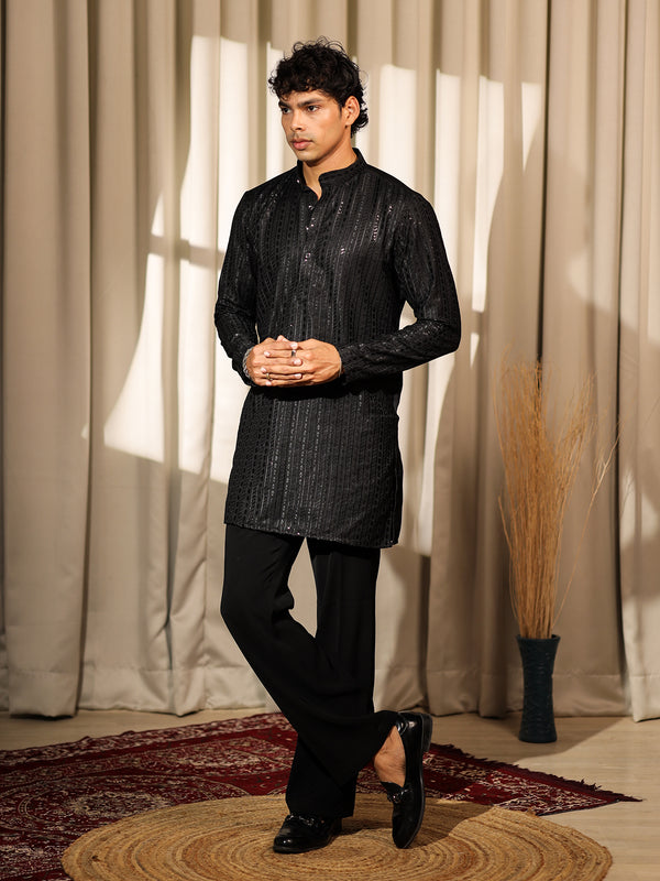 Premium Black Silk Men’s Ceremonial Kurta Set with Weaving & Embroidery Work – Festive & Wedding Wear