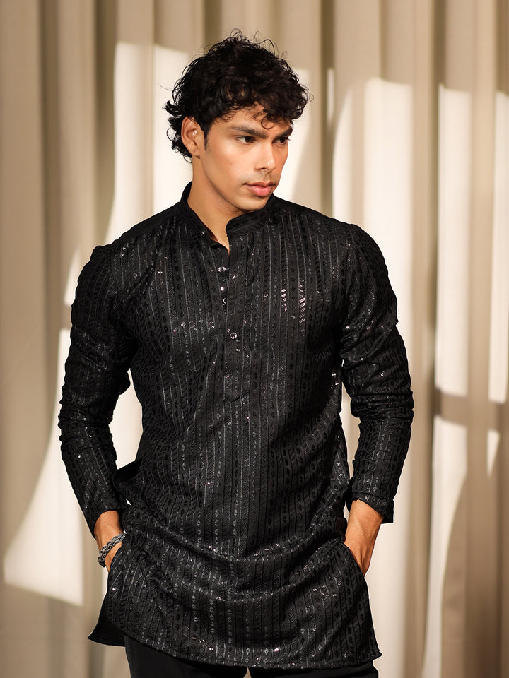 Premium Black Silk Men’s Ceremonial Kurta Set with Weaving & Embroidery Work – Festive & Wedding Wear
