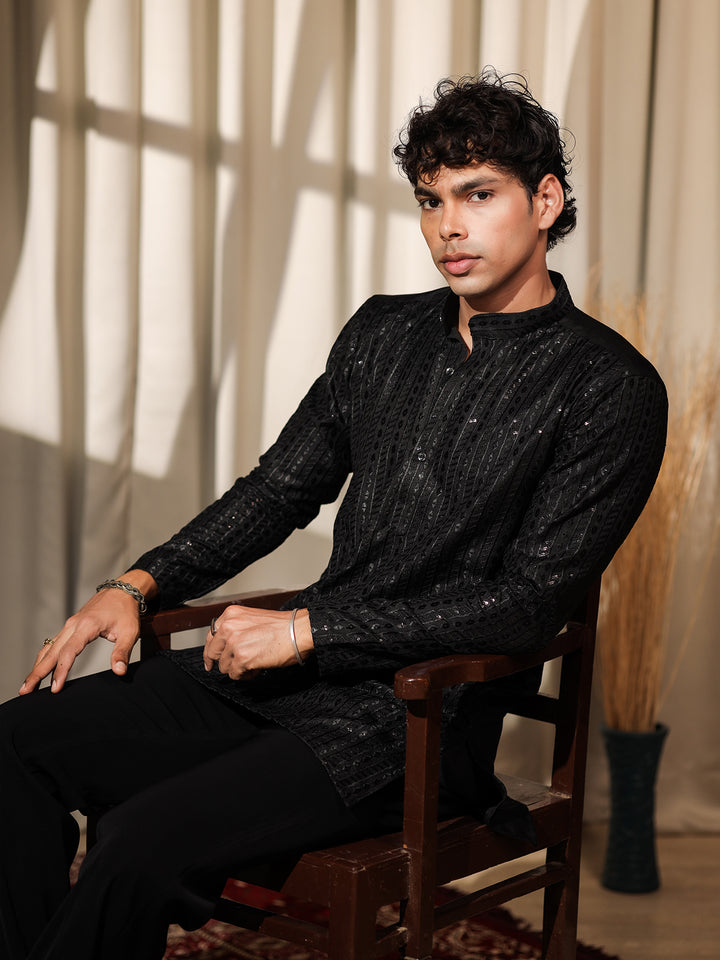 Premium Black Silk Men’s Ceremonial Kurta Set with Weaving & Embroidery Work – Festive & Wedding Wear