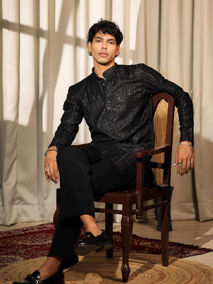 Premium Black Silk Men’s Ceremonial Kurta Set with Weaving & Embroidery Work – Festive & Wedding Wear