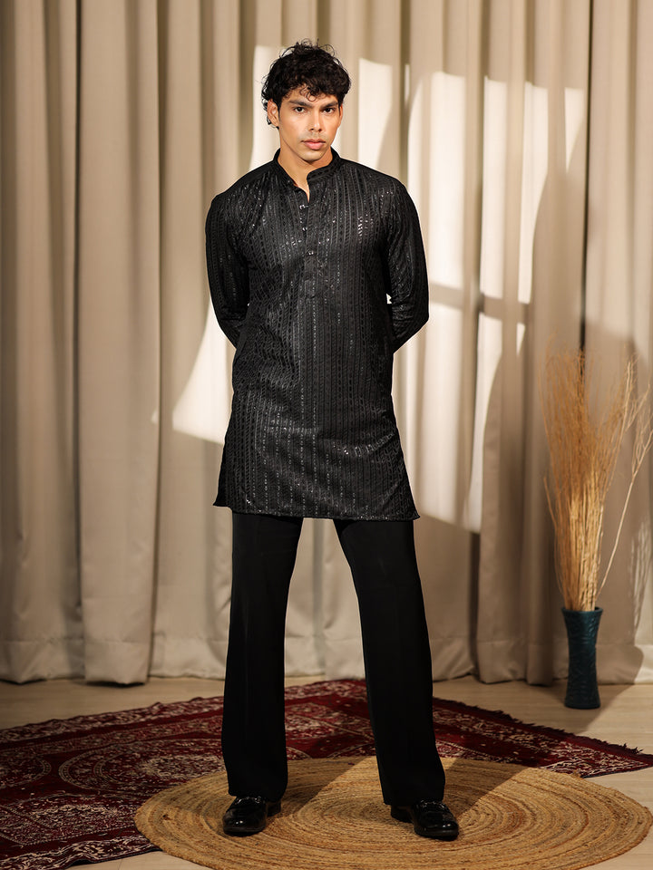 Premium Black Silk Men’s Ceremonial Kurta Set with Weaving & Embroidery Work – Festive & Wedding Wear