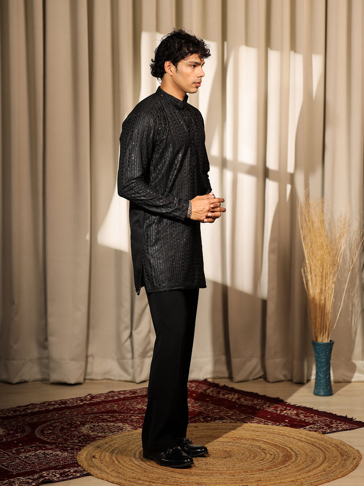 Premium Black Silk Men’s Ceremonial Kurta Set with Weaving & Embroidery Work – Festive & Wedding Wear