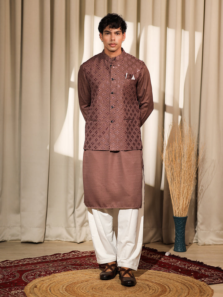 Brown Silk Embroidered Men’s Kurta Set with White Cotton Bottom | Wedding & Ceremonial Outfit