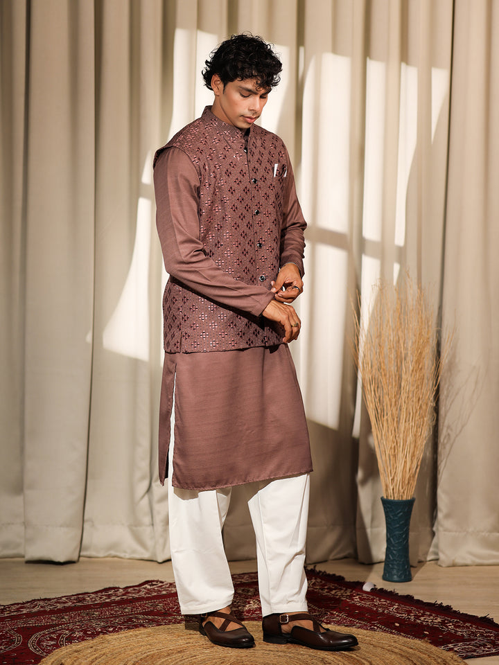 Brown Silk Embroidered Men’s Kurta Set with White Cotton Bottom | Wedding & Ceremonial Outfit