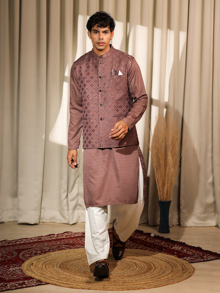 Brown Silk Embroidered Men’s Kurta Set with White Cotton Bottom | Wedding & Ceremonial Outfit