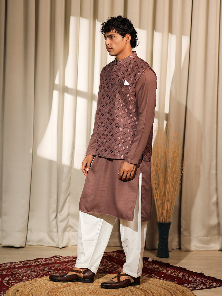 Brown Silk Embroidered Men’s Kurta Set with White Cotton Bottom | Wedding & Ceremonial Outfit