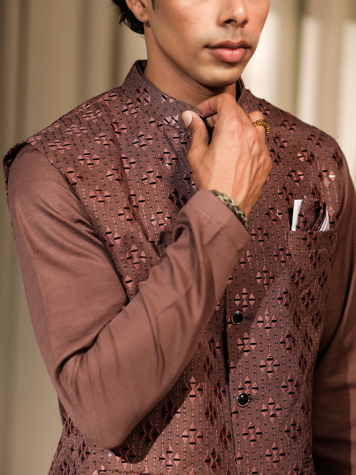 Brown Silk Embroidered Men’s Kurta Set with White Cotton Bottom | Wedding & Ceremonial Outfit