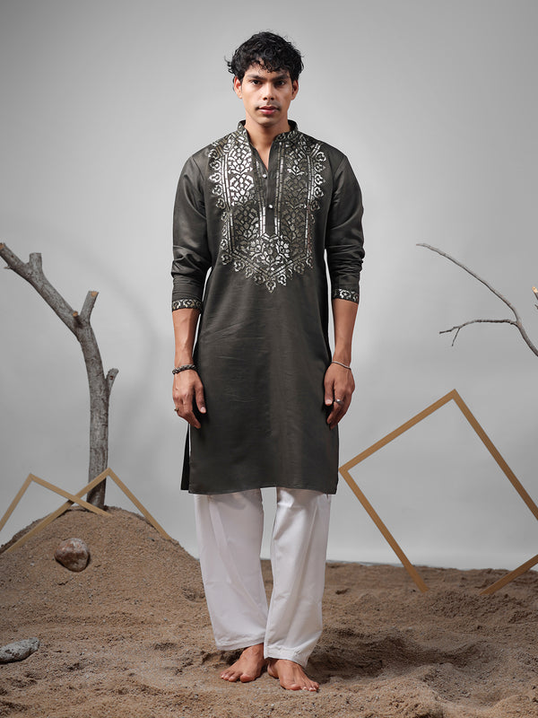 Men’s Mahendi Silk Kurta Set with Foli & Embroidery Work