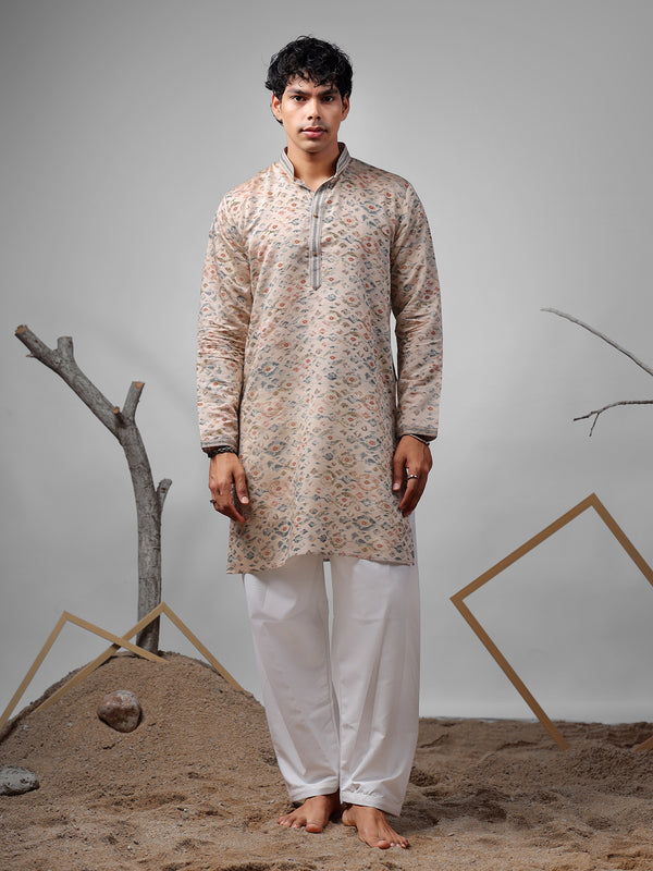 Cream Silk Men’s Ceremonial Kurta Set with White Cotton Bottom