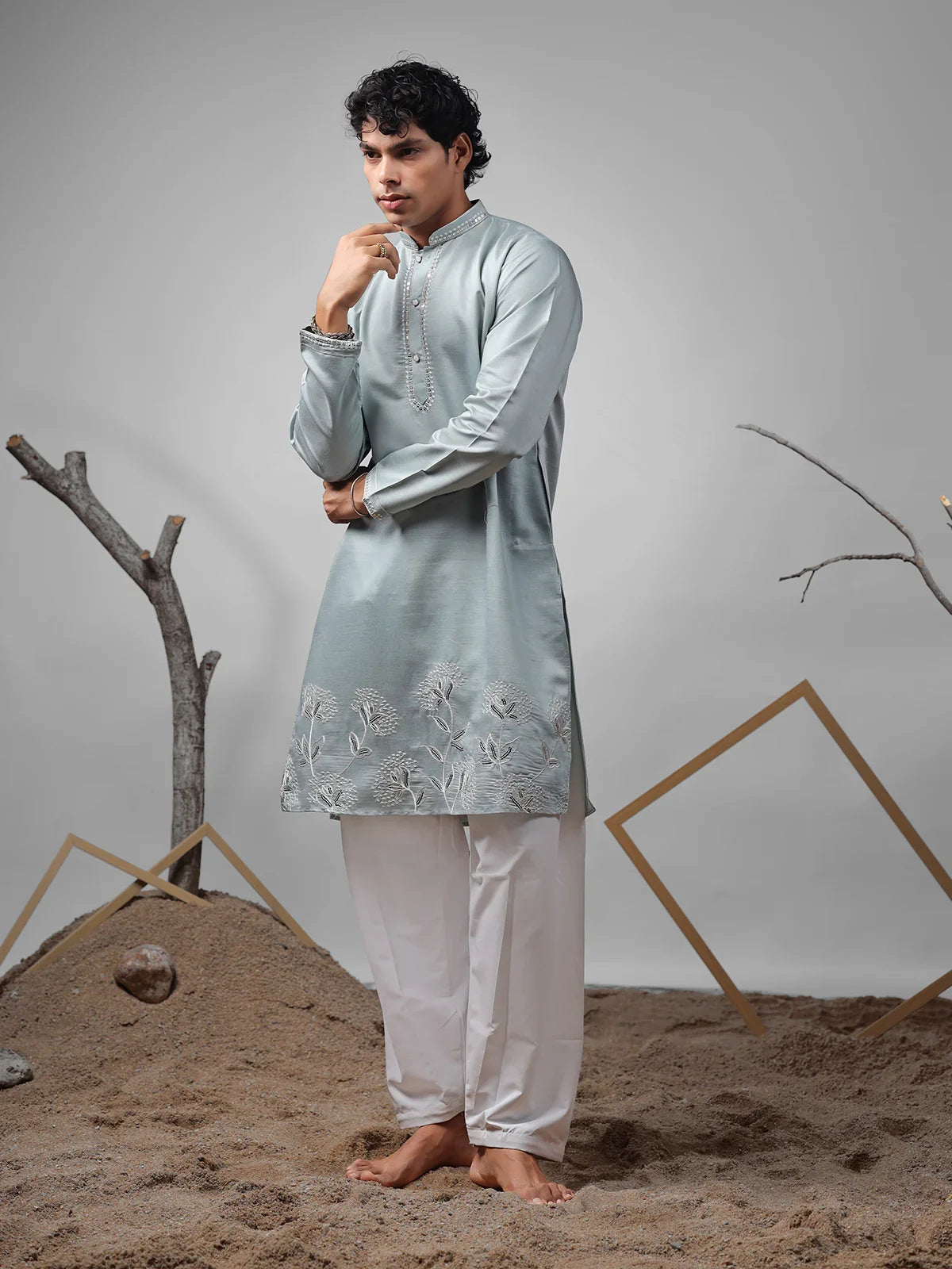 Teal Blue Silk Printed Kurta Set For Men With Thread Work main image 0