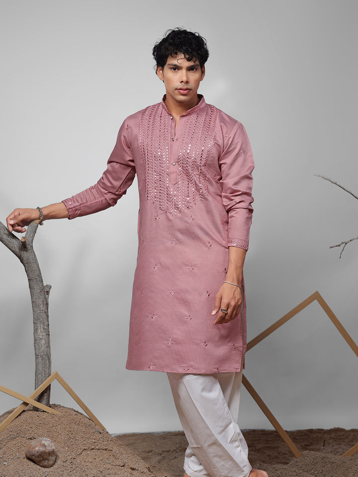 Pink Silk Men’s Ceremonial Kurta Set with White Cotton Bottom | Embroidered Ethnic Wear for Weddings & Festive Occasions