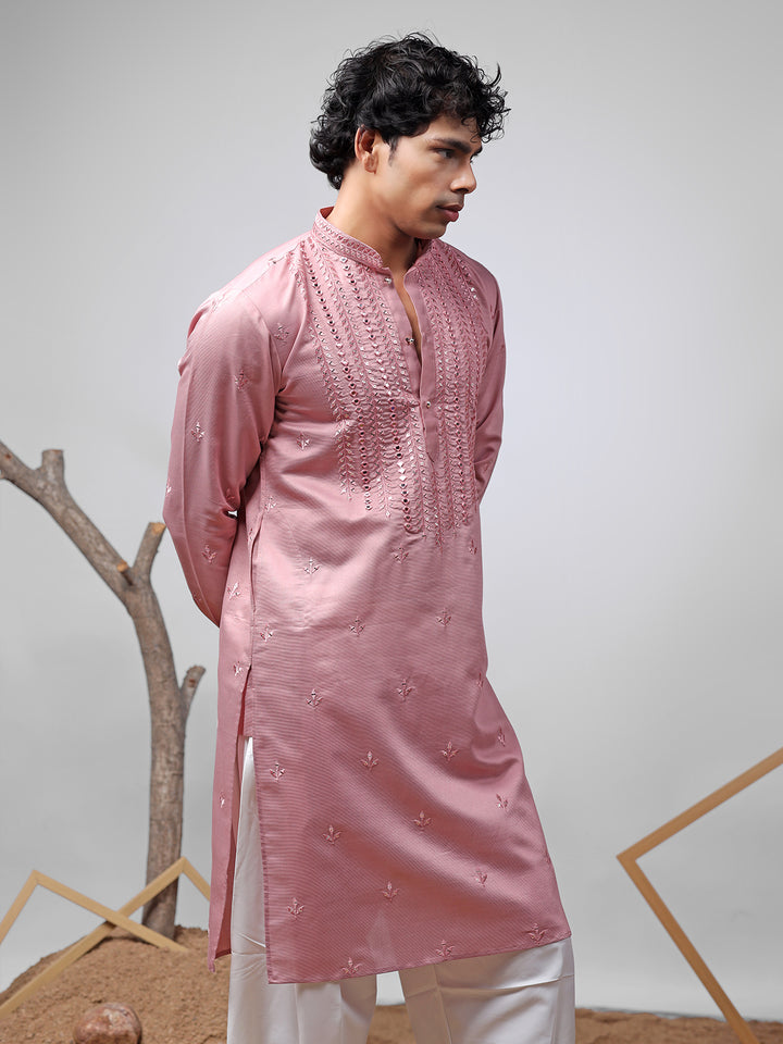 Pink Silk Men’s Ceremonial Kurta Set with White Cotton Bottom | Embroidered Ethnic Wear for Weddings & Festive Occasions